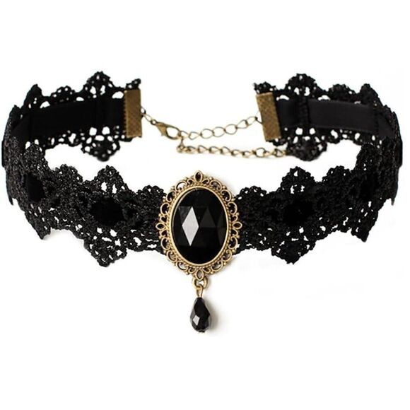 Black Gothic Victorian Vampire Oval Pendant Lace Choker Adjustable Necklace - Picture 1 of 6
